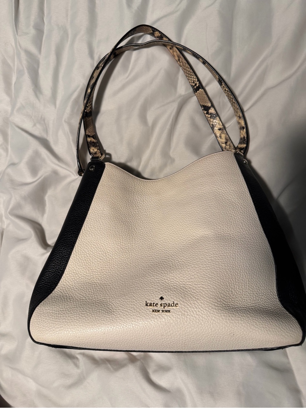 kate spade Cream and Black Pebbled Leather Shoulder Bag with Snake-Print Strap